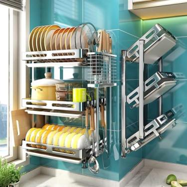 Imagem de WZYCLTT Escorredor de pratos de parede de aço inoxidável 304, escorredor de pratos de 3 níveis com suporte de utensílios e tábua de corte, organizador de cozinha que economiza espaço com bandeja
