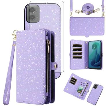 Imagem de Asuwish Capa de celular para Motorola Moto G 5G 2024 com zíper carteira magnética destacável com protetor de tela de vidro temperado e suporte de cartão com glitter, acessórios para celular G5G 5 G G5