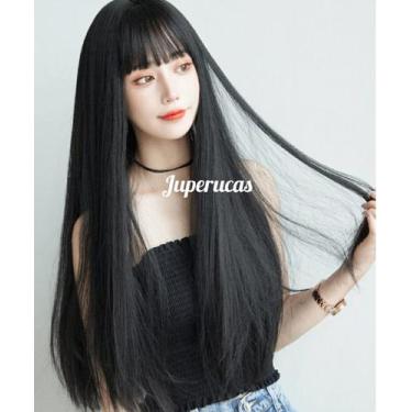 Imagem de Peruca, wig, preta, lisa, 75cm, franja reta oriental, fibra premium - 