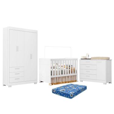 Imagem de Dormitório Zaki Guarda Roupa, Cômoda E Berço Katatau Branco Fosco Com Colchão Physical - Reller Móveis Branco Fosco