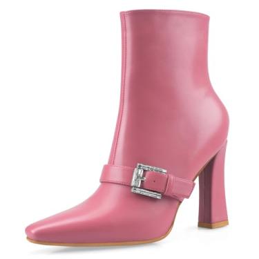 Imagem de Perisis Botas de cano curto, salto alto, grosso, preto, bico quadrado, fechado, curto, com zíper lateral, salto de 10 cm, padrão de crocodilo para mulheres e mulheres sexy, Poliuretano rosa, 36