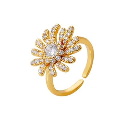 Imagem de Anel floral de margarida de cristal para mulheres brilhantes zircônia cúbica strass declaração flor aberta anel de dedo moda noivado promsie anéis empilháveis alianças, Cobre, Sem pedra preciosa