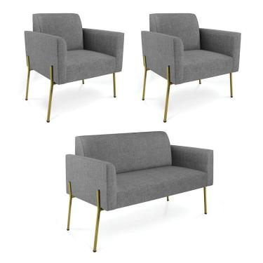 Imagem de Sofá Namoradeira E 2 Poltronas Pé De Ferro Dourado Marisa Linho D03 Grafite