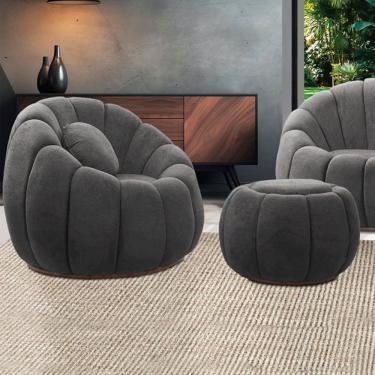 Imagem de Poltrona Decorativa Orgânica Giratória Com Puff Cloud Bouclê Cinza Escuro E03 - D'rossi