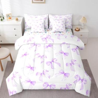 Imagem de Feelyou Conjunto de edredom kawaii roxo com 7 peças, solteiro, fofo, estilo princesa, sonhador, para crianças, meninos, meninas, com nó de coquete, elegante, respirável, macio