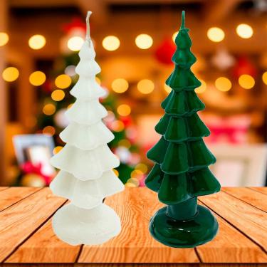 Imagem de Velas Decoração Pinheiro Natalino Branco Verde 20cm Kit 2pçs