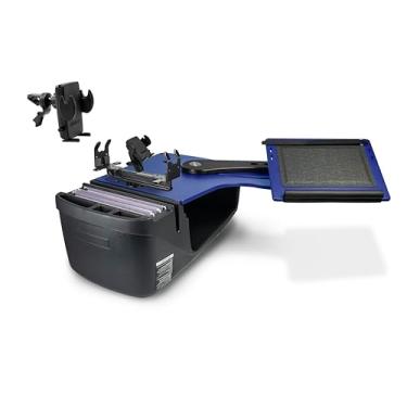 Imagem de AutoExec Reach Desk Banco traseiro lado esquerdo para a estação de trabalho do seu veículo e escritório móvel, azul, com suporte para impressora, suporte para telefone e clipe de ventilação do
