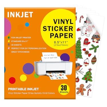 Imagem de 30 folhas de papel adesivo de vinil imprimível premium transparente - 21 x 28 cm para impressoras a jato de tinta, impermeável, resistente a rasgos, seca rapidamente, cores vivas, fácil de cortar para