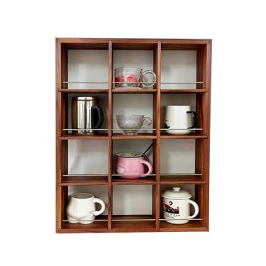 Imagem de YIYUESHIJIU Expositor de caneca de café, prateleiras de madeira, suporte de copos, caixa de sombra, caixa de sombra, caixa de sombra, caixa de exposição de copos de shot com 12 compartimentos