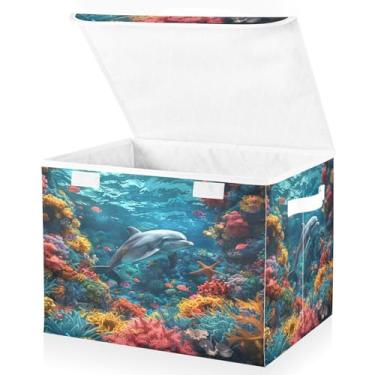 Imagem de Blueangle Caixas de armazenamento coloridas de recifes de corais com tampas, 42 x 32 x 30 cm, grande cesta organizadora dobrável para decoração de escritório e armário (442)