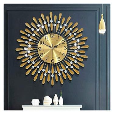 Imagem de WHLBD Relógio de parede moderno, relógio de parede grande de metal com mostrador de vidro, relógio silencioso, villa, sala de estar, decoração de casa de luxo redonda, 60 cm/24 pol