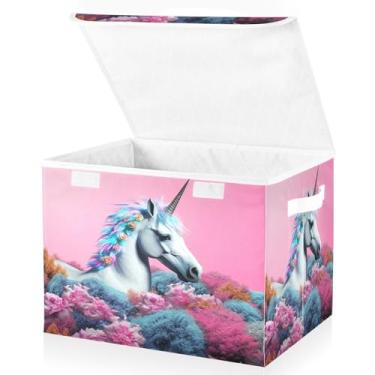 Imagem de Blueangle Cestos de armazenamento de cavalo arco-íris com tampas, 42 x 32 x 30 cm, grande cesta organizadora dobrável para decoração de escritório e armário (510)