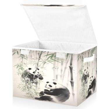 Imagem de Blueangle Cestos de armazenamento de bambu panda chinês com tampas, 42 x 32 x 30 cm, grande cesta organizadora dobrável para decoração de escritório e armário (257)