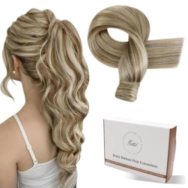 Imagem de Hetto Extensão de rabo de cavalo cabelo humano 50 cm 100 g castanho claro realçado com clipe loiro branqueador em extensões Remy envolver rabo de cavalo #10/613