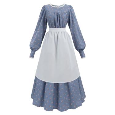 Imagem de NSPSTT Pioneer Dress Fantasia feminina colonial de peregrino adulto azul manga longa fantasia Amish com avental branco, Azul, G