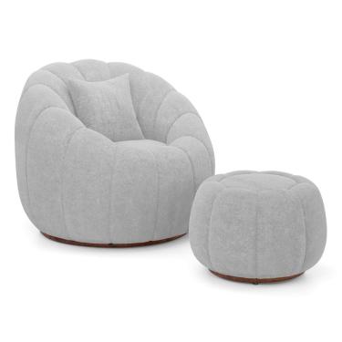 Imagem de Poltrona Decorativa Concha Giratória com Puff Estilo Abóbora Shell Bouclê Cinza Claro - Abmaza