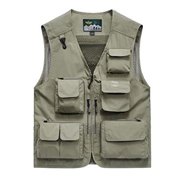 Imagem de Colete de pesca com bolsos fotografia ao ar livre jaqueta malha traseira colete utilitário de trabalho de verão jaqueta versátil, bege, GG