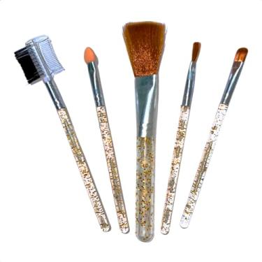 Imagem de Kit Pincéis Para Maquiagem 5 Peças Para Sobrancelha, Esfumar, Passar Blush Cabo Com Glitter Pincel Sombra Corretivo Base Pó Cerdas Macias Cores Vermelho, Azul, Laranja, Dourado. (Dourado)