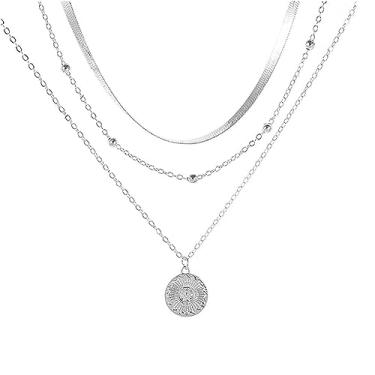 Imagem de Conjunto de colar de prata em camadas de lã, colar gargantilha com corrente de contas e pingente de moeda para mulheres