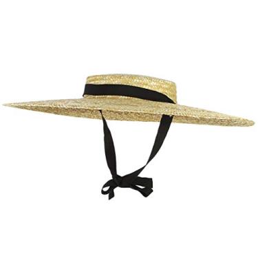 Imagem de Chapéu de palha feminino com aba grande, chapéu de verão, 12cm-15cm, borda preta, boné de praia, barco, chapéu de sol com parte superior plana/202