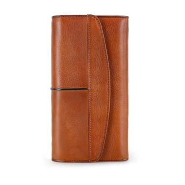 Imagem de Carteiras femininas de couro feitas à mão com porta-cartões e organizador de cartões, Estilo de dobra tripla - marrom, 7.4"L x 3.86"W, Carteira de viagem