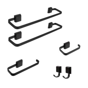 Imagem de Kit De Acessórios Para Banheiro Preto 6 Peças Luxo 2 Banho 2 Cabides -