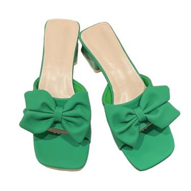 Imagem de Zeberfi Sandália feminina de salto grosso, moderna, bonita, aberta, bico quadrado, sem cadarço, salto baixo, sandálias deslizantes, sapatos de verão para vestido de casamento, Verde, 40