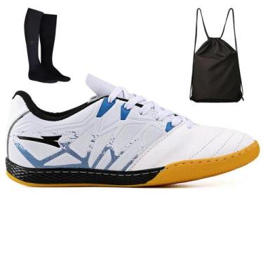 Imagem de Kit Chuteira Futsal Quadra Bico de Couro Futebol Salao + Mochila + Mei