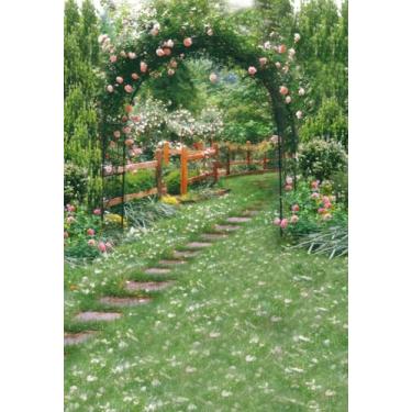 Imagem de AOFOTO Passeio de jardim romântico com arco de casamento de 1,82 m x 2,54 m com fundo de pergola bela primavera para namorada, namorada, retrato artístico, estúdio de foto, adereços de vinil, papel de parede