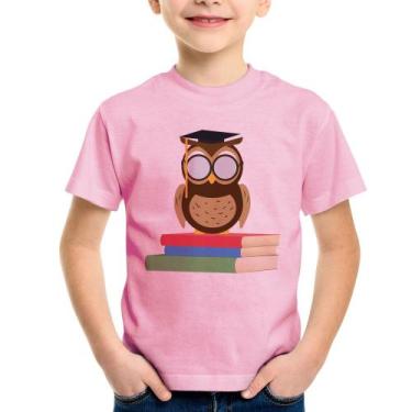 Imagem de Camiseta Infantil Coruja Estudante - Foca na Moda, Rosa bebê, 10
