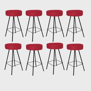 Imagem de Kit 08 Banqueta Alta Laisa Industrial Redonda Cozinha Bar Balcão Bistrô Ferro Preto Suede Vermelho - Ahz Móveis