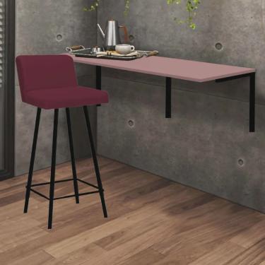 Imagem de Kit Mesa Suspensa de Parede Fixa mdf Rosa + 1 Banqueta Lexi Ferro Preto Suede Bordô - Ahazzo Móveis