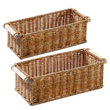 Imagem de Cesta de vime, 2 peças de cestas de armazenamento de vime caixas de plástico com alças de madeira para cozinha, banheiro, sala de estar, quarto