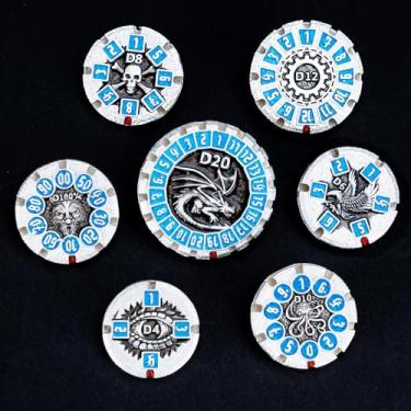 Imagem de DND Dice Set Dungeons and Dragons Dice, Spinning Gyro Metal Dice Set D&D Polyhedral D and D Dice with Box for Role Playing Game D20 D12 D10 D8 D6 D4 (Dice-Pearl Silver Blue)