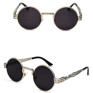 Imagem de VFDHN Óculos de sol vintage retrô gótico steampunk espelhado vintage redondo masculino UV400 (prata com preto)