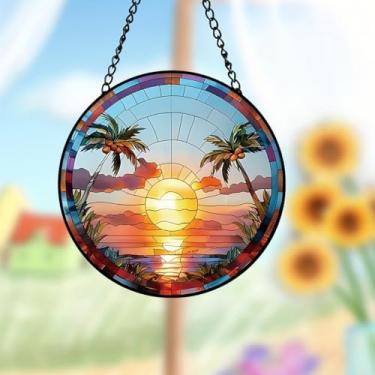 Imagem de Pendurar para janela manchada do pôr do sol sobre o mar com corrente – Conchas redondas de coqueiro acrílico ornamento de cenário litorâneo para jardim, pátio e decoração interna, presente de