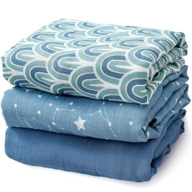 Imagem de Happy Flute Conjunto de 3 cobertores de musselina, panos essenciais para bebês e recém-nascidos, perfeitos para meninos e meninas, cobertores, amamentação, capa de carrinho, grande 120 x 110 cm (azul)