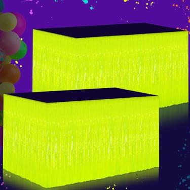 Imagem de Saia de mesa com franjas de tinsel brilham no escuro - pacote com 2 decorações de festa de neon de 80 x 299 cm, saia com franjas reativas a UV para rave, casamento, cenário de aniversário - amarelo