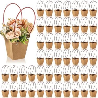 Imagem de Gilprop 50 pacotes de sacos de presente de flores de papel kraft com alça caixa de buquê marrom com forro impermeável para lembrancinhas de festa de casamento de aniversário, 30 x 12 x 12 x 8 cm