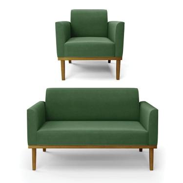 Imagem de Sofá Namoradeira Com Poltrona Base De Madeira Fixa Castanho Marisa Suede D03 - D?rossi Cor Verde