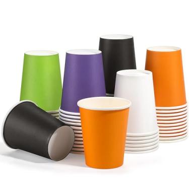 Imagem de URATOT 60 peças de copos de festa de Halloween 255 g copos de papel descartáveis preto e laranja copo de bebida fria quente decoração de mesa suprimentos para festa de Halloween, faça você mesmo e