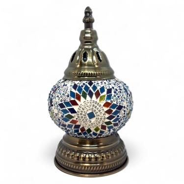 Imagem de Abajur Turco Mosaico Metal Vidro Azul e Branco Bivolt 22 cm