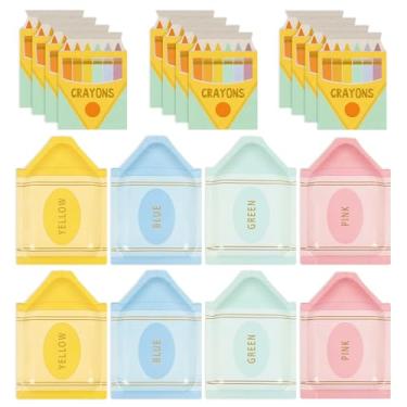 Imagem de FYSUIMU Utensílios de mesa em forma de giz de cera pastel, 4 cores, pratos e guardanapos para o primeiro dia de escola, formatura, jardim de infância, artigos de festa, 48 peças, serve 24