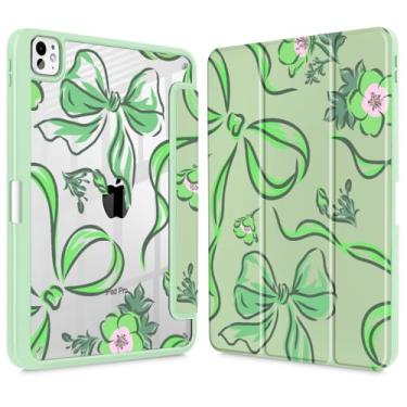 Imagem de Mektron Capa para M4 iPad Pro 11 polegadas 2024 com suporte para lápis, modelos compatíveis: A2836/A2837/A3006, capa à prova de choque transparente + suporte de três dobras, flores - arcos - verde