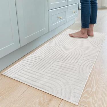 Imagem de Lacomfy Tapete de área abstrato moderno 2'9"x5' High-Low Pile Arch Pattern Tapete antiderrapante lavável tapete 3D para cozinha/banheiro/dormitório, bege