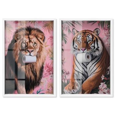 Imagem de Conjunto de animais de papel higiênico tropical Shadowbox Impressão de arte maximalista por Art Remedy, moldura branca, 25 x 38 cm