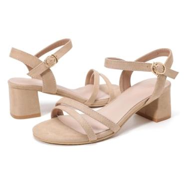 Imagem de kkdom Sandália feminina de bico aberto com tira no tornozelo com glitter, salto baixo, salto grosso, vestido de casamento, Bege, 38