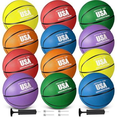 Imagem de Libima Conjunto de 12 bolas de basquete de borracha de Natal, tamanho oficial, com bomba, bolas de cesta, multicoloridas, conjunto de bolas de rua para adultos, jovens, jogos de treinamento ao ar
