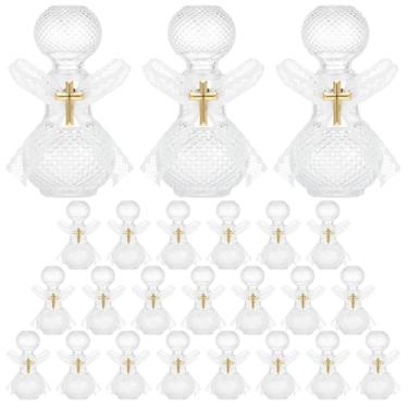 Imagem de 24 garrafas de água benta, garrafa de vidro de 50 ml com broche de lapela cruzada e laço de renda, recipiente sagrado vazio para igreja de primeira comunhão, lembrancinhas de festa de casamento