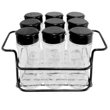 Imagem de Porta Tempero com 9 Potes 130ml de Ferro - Tampa Dupla e Etiquetas Incluídas, Ideal para Cozinha e Bancada de Preparo